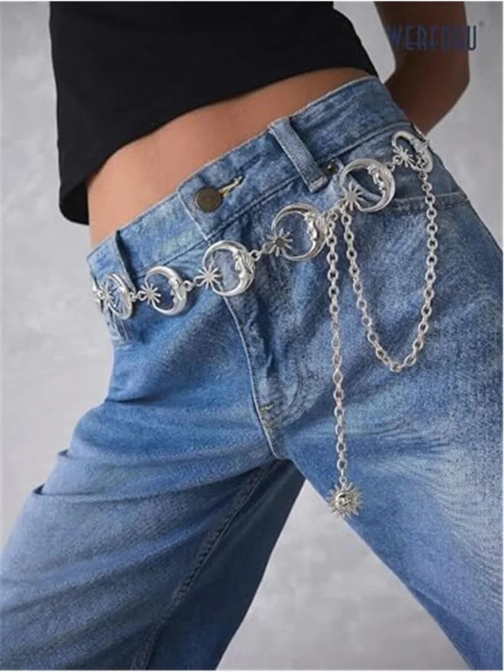 Women's Silver Metal Link Moon Star Body Chain Belt Ladies Waist Chain